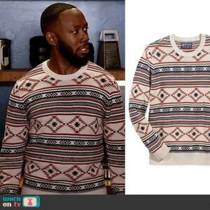 American Rag Cream Brown Navy Aztec Knit Crewneck  Sweater Mens XL